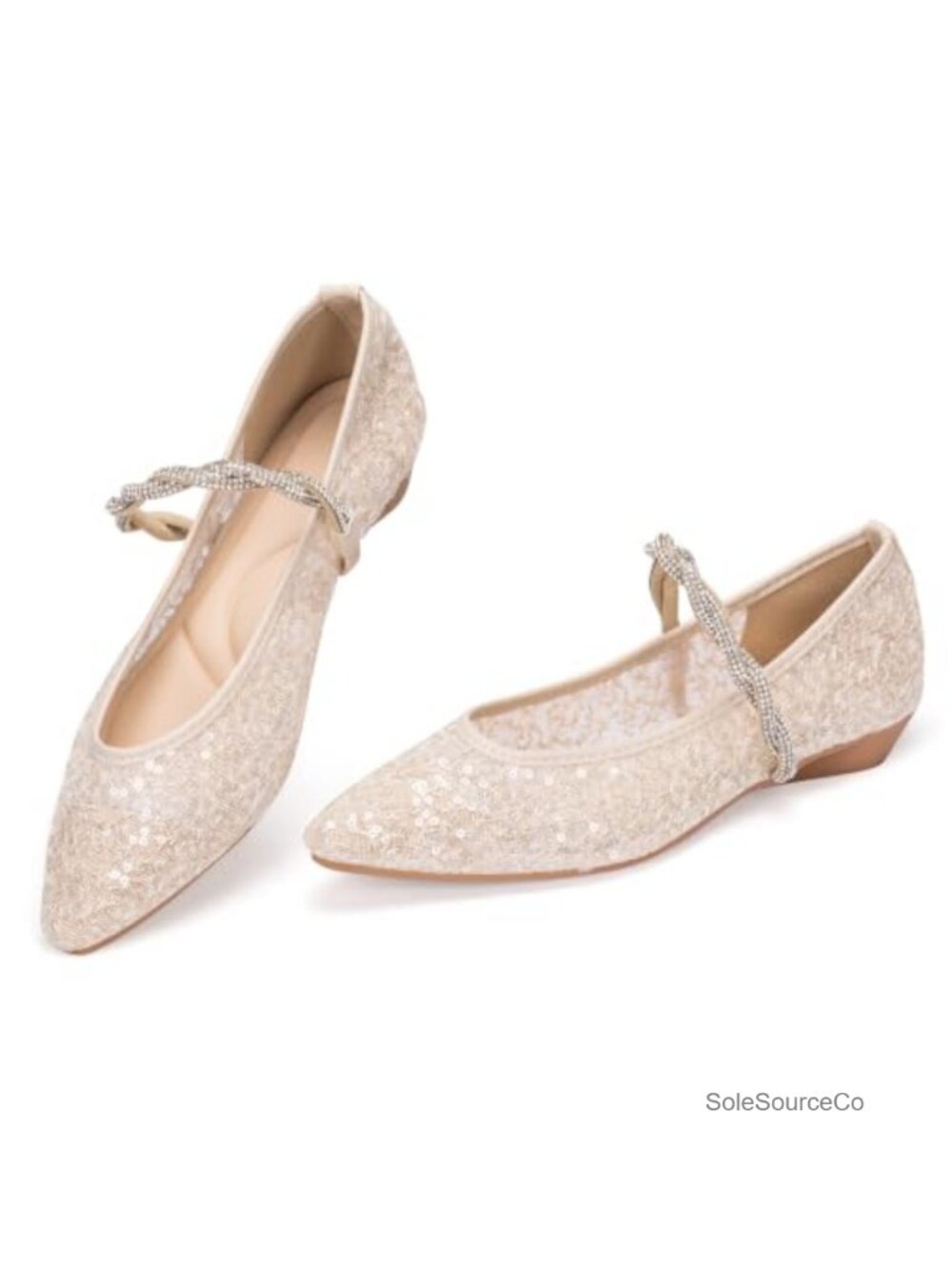 Sequin Mesh Mary Jane Flats Pointed Toe Rhinestone Strap Wedding Party
